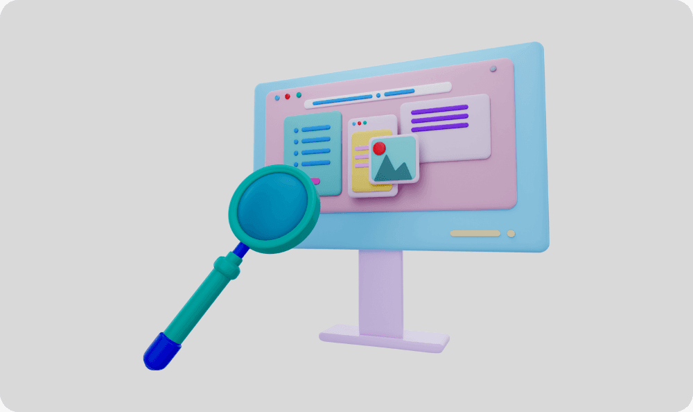 3D illustration of a computer screen displaying web content with a large magnifying glass in front.